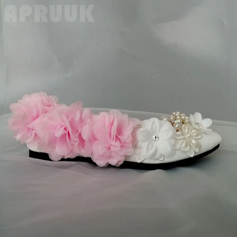 

Sweet design pink flower pearls with lace flats shoes ladies girls dancing performance ceremony party/wedding plus size shoes