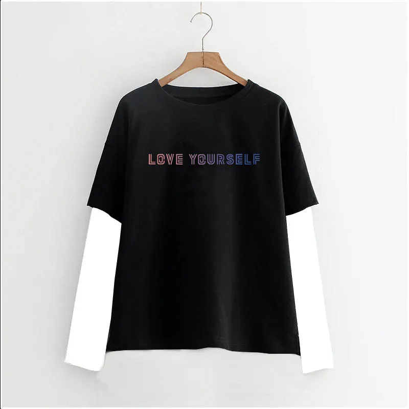 

Harajuku/Новинка; Kpop Bangtan; Одежда для мальчиков; love yourself; Черно-белая футболка; Повседневные пуловеры из двух предметов с длинными рукавами и круг...