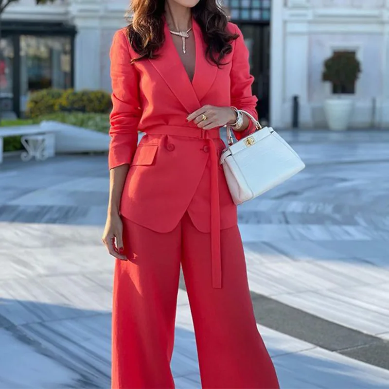

Women Suit Trousers Suit Autumn New Women Fashion Casual Long Sleeve Suit Wide Leg Pant Suit Two Piece Temperament Commuter Suit