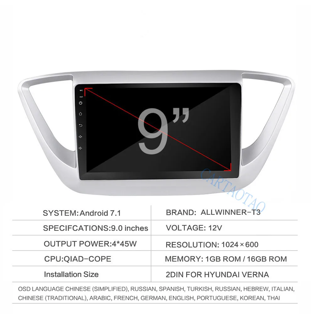 Автомагнитола для Hyundai Solaris мультимедийный видеоплеер на android 9 с "экраном