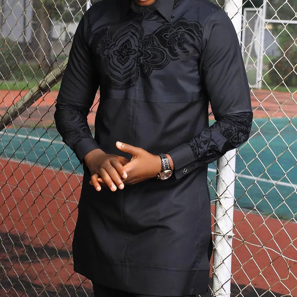 

Black Shirt Men African Slim Fit Long Robe Male Clothing 2021 Spring Summer Ethnic Dashiki Men's Long Shirt Plus Caftan Marocain
