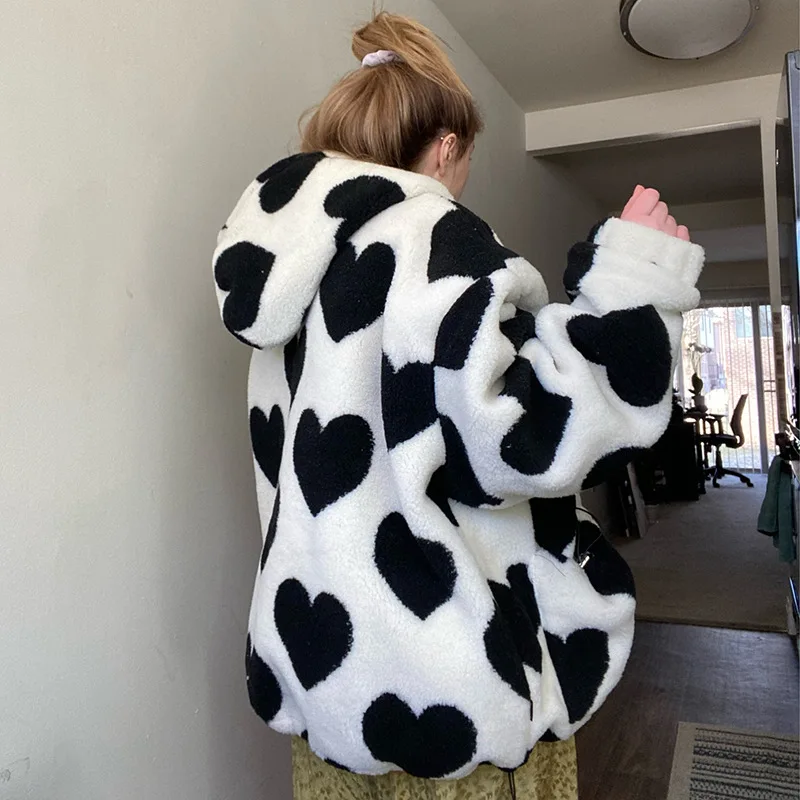 New Love Printed Lamb Velvet Jacket Hong Kong Style Loose Hooded Wild Cotton Jacket Winter Clothes Women Cute Sweet Jacket