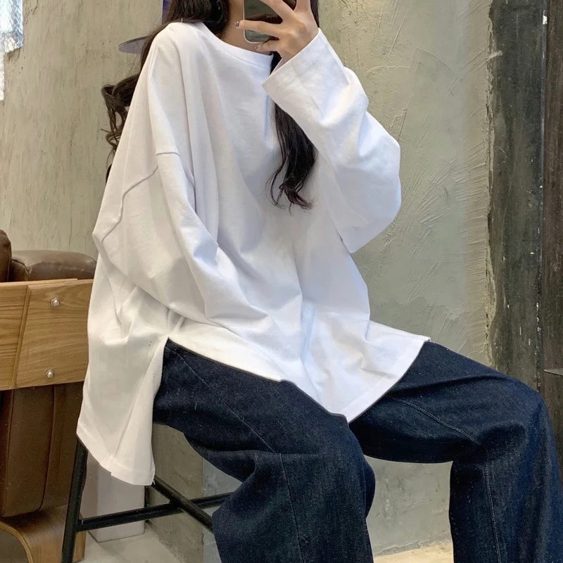 

Side Slit Thin Solid Casual Oversized Harajuku Summer Long Sleeve Women T Shirt Korean Fashion Top Streetwear Tunic 2022 White