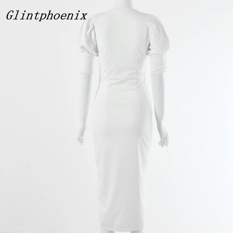 

Hot Sale New Women Dress Half Puff Sleeves V-neck Classic Single-breasted Hollow Solid Sexy Pencil Bag Hip Dresses