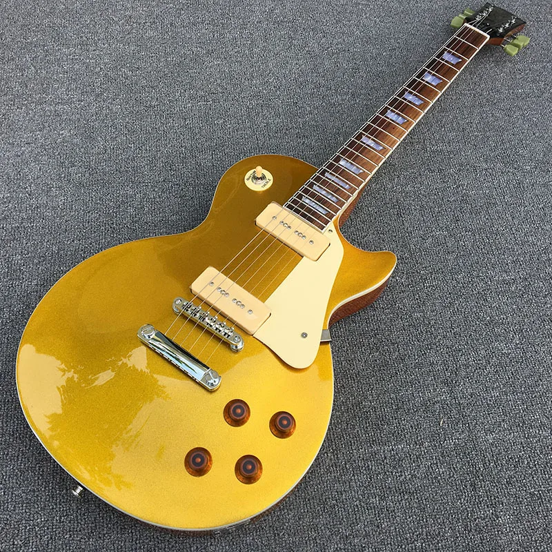 

High-quality 6-string electric guitar, metallic yellow solid mahogany body, chrome-plated hardware and p90 pickup, free delivery