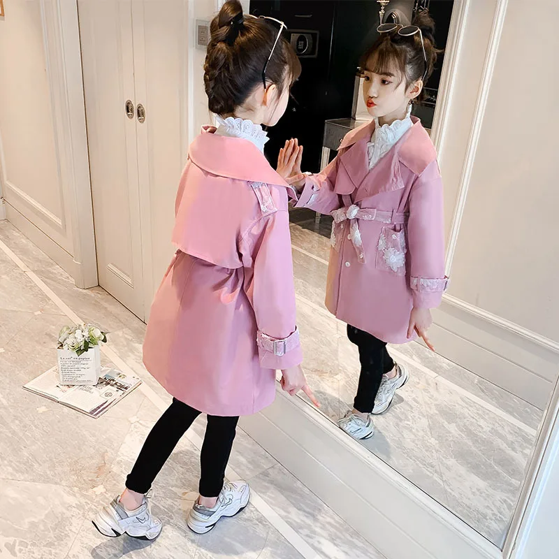 

Girls Pink Long Outerwear Coats Teen Windbreaker Spring Fall Kids Clothes Turn-down Collar Jackets Children Autumn Trench 6 8 Y