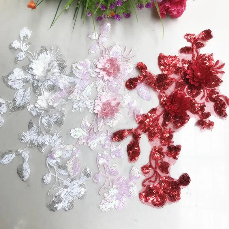 

3D Flower Lace Applique, Pink 3D Lace Applique, Sequins Lace Patch, Bridal Appliques 1 Piece