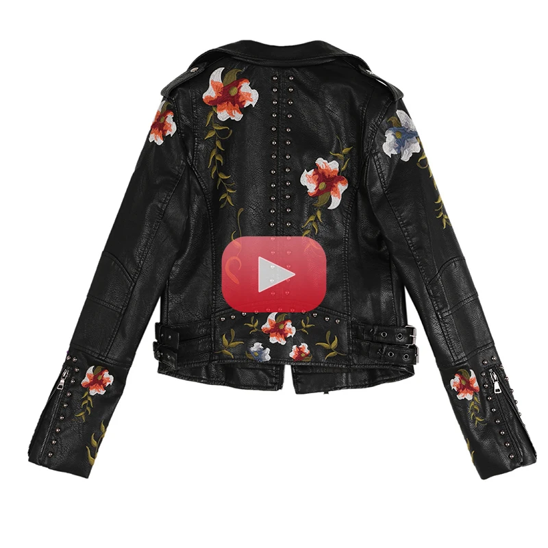 Women Floral Print Embroidery Faux Soft Leather Jacket Coat  Turn-down Collar Casual Pu Motorcycle Black Punk Outerwear
