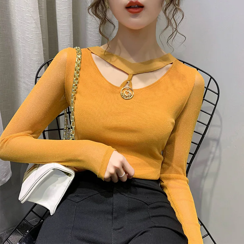 Весна и осень 2020 Новый тонкий эластичный сетчатый воздушный сексуальный топ