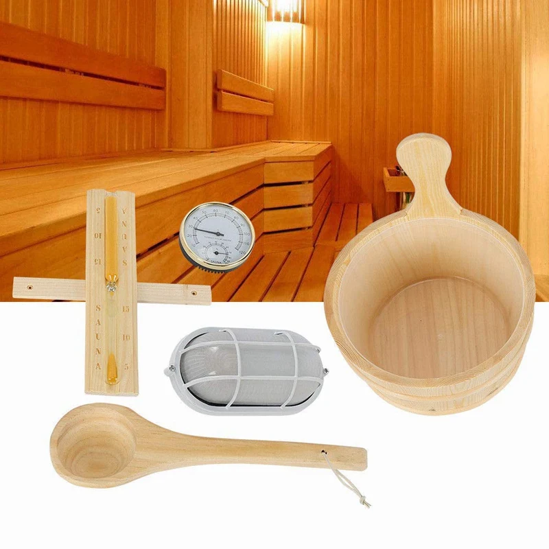 

Sauna Wooden Bucket Ladle Kit,Sauna Tool Bucket,Scoop,Sand Clock,Thermometer,Explosion Proof Light Accessory for Sauna