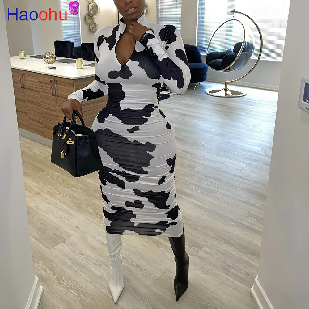 

Винтажное платье-карандаш на молнии с принтом HAOOHU, женские платья до колена с высокой талией и длинным рукавом, сексуальное женское городск...