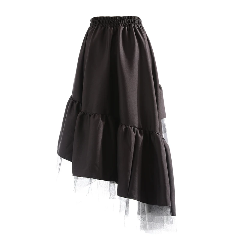 

[EAM] High Elastic Waist Black Plaid Irregular Mesh Long Half-body Skirt Women Fashion Tide New Spring Autumn 2021 1DD9248