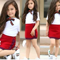 uniform style two piece toddler girl clothes set newborn kid baby girls bow flower tie tops t shirt short mini skirt tutu dress