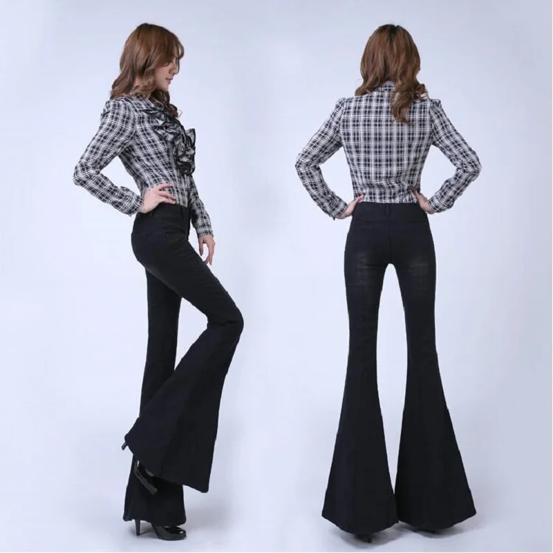 

South Korea Lady Black High Waist Buttons Elastic Big Horn Jeans Female Boot Cut Slim Leg Big Flared Jeans Single Breasted Pants