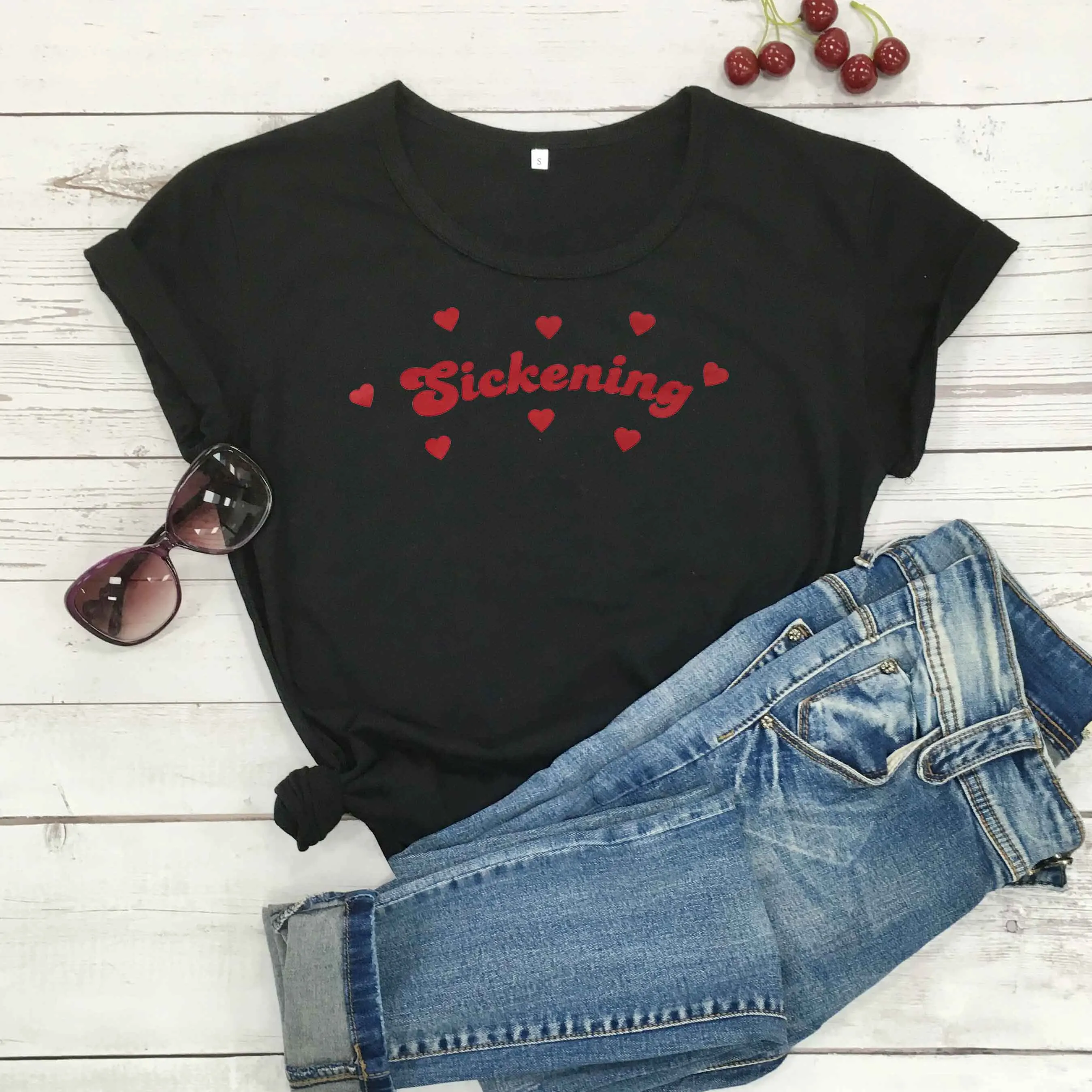 Black - red txt Женская розовая футболка с сердечками Tumblr, модная Милая футболка, camiseta rosa feminina, белая футболка с рисунком сердца, топы - Цвет: Black - red txt