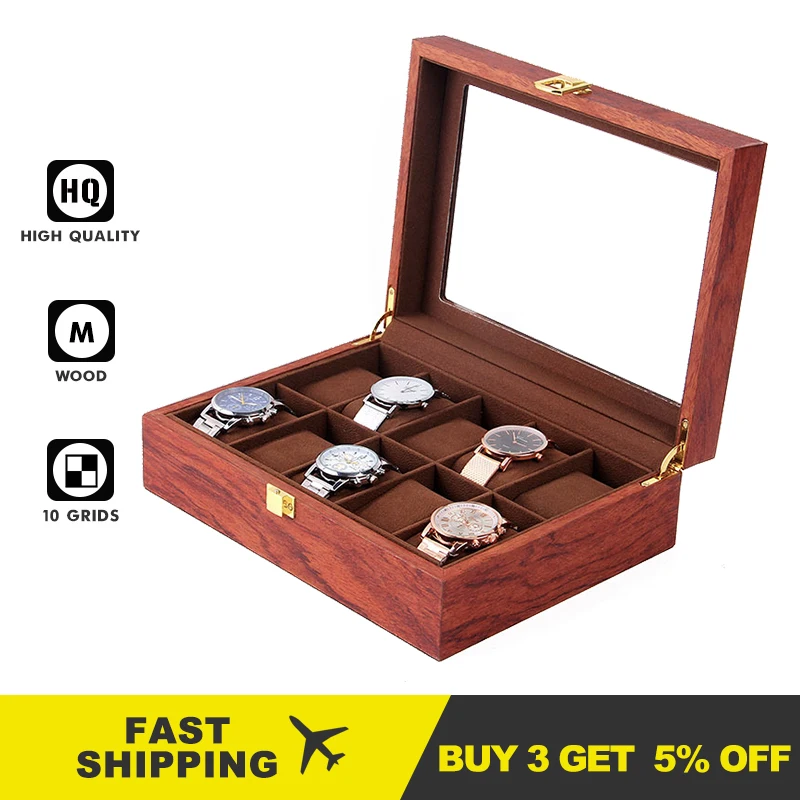 

10 Grids Flip Transparent Skylight Storage Boxes Antique Wooden Watch Display Box With Flannel Pillows Drop Shipping Fj9007