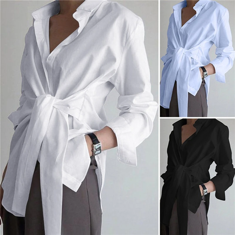 

Stylish Lace Up Top Women's Asymmetrical Blouse Shirts 2023 Casual Long Sleeve Chemise Female Button Work Blusas Tunic Shirt
