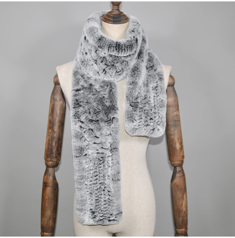 Winter Long Style Women Real Rex Rabbit Fur Scarf Rex Rabbit Fur Warm Soft Ring Scarfs High Quality Knit Rabbit Fur Scarves