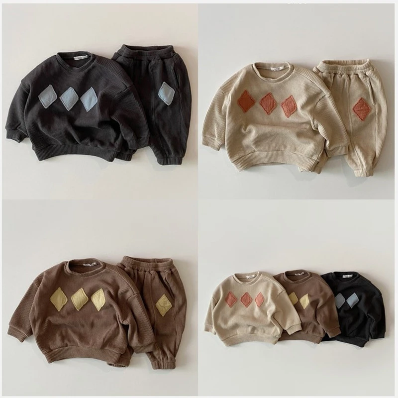 

Toddler Baby Girl Boy Waffle Clothes Sets Long Sleeve Sweatershirt + Elastic Pants 2pcs Suit Outfits For Infant