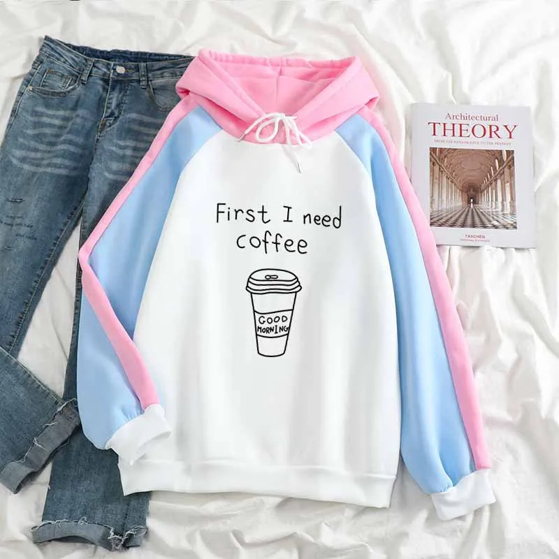 

2021 women winter new First I need coffee loose long-sleeved hit color men hoodie casual versatile personality fashion sweathirt