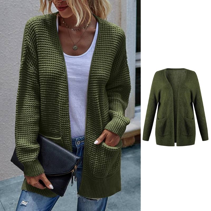 

Women Autumn Long Sleeve Sweater Cardigan Open Front Waffle Knitted Outwear Solid Color Casual Loose Side Split Coat with Pocket