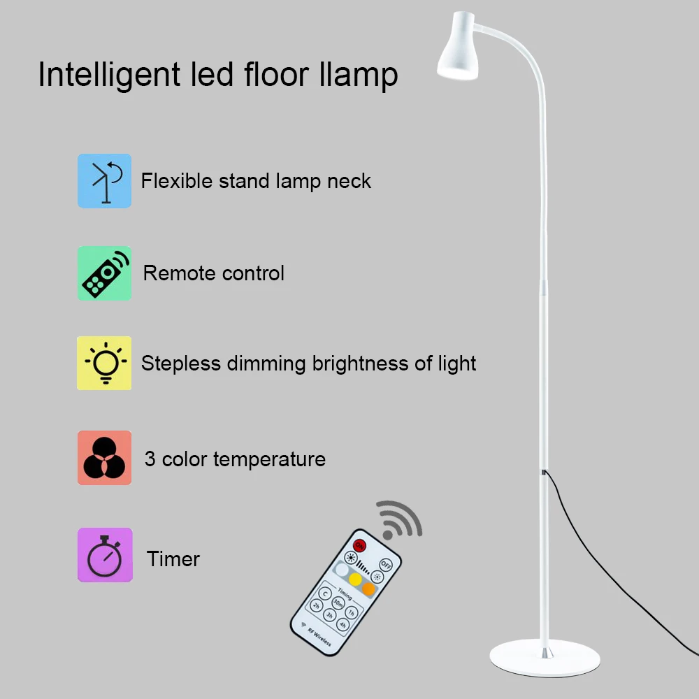 Белая Напольная Лампа с гусиным горлом 10 Вт 3 цвета температура и 5 уровней