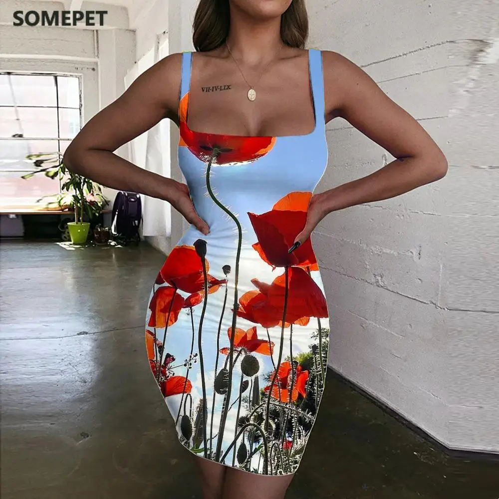 

SOMEPET Flowers Dresses Women Plant Sundress Sky Bodycon Dress Landscape Ladies Dresses Womens Clothing Club New Korean Style