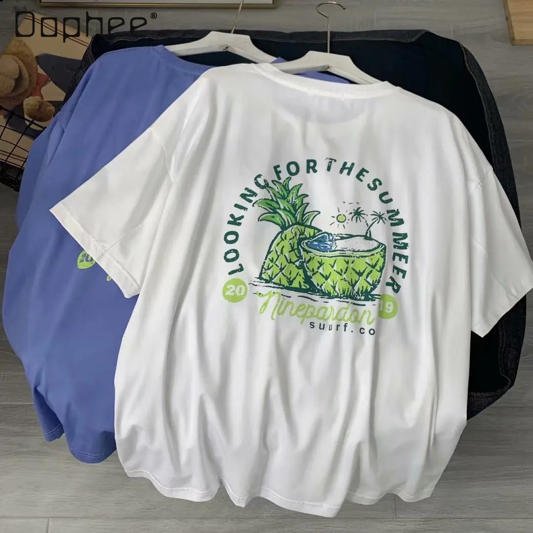 

2021 Summer New Fruit Letter Print round Neck Short Sleeve Fresh and Loose T-shirt Women's Clothing