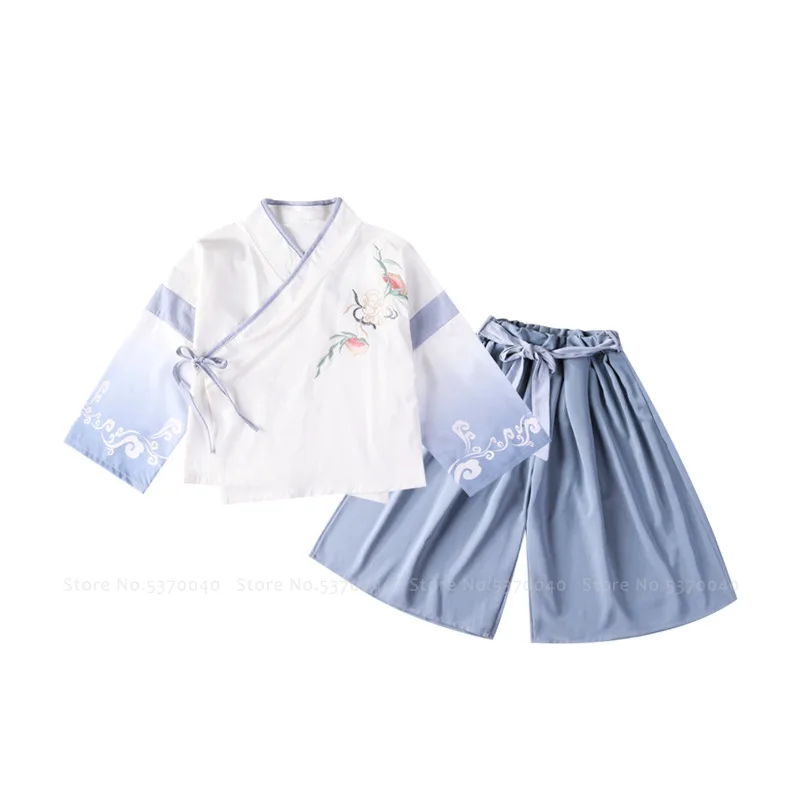 

Children Traditional Chinese Style Embroidery Hanfu Robe Pants Kids Boy Girl Retro Tang Suit Clothing Set Cardigan Coat Trousers