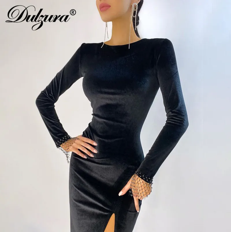 Dulzura 2021 Осень Зима Женское однотонное бархатное ажурное лоскутное платье с