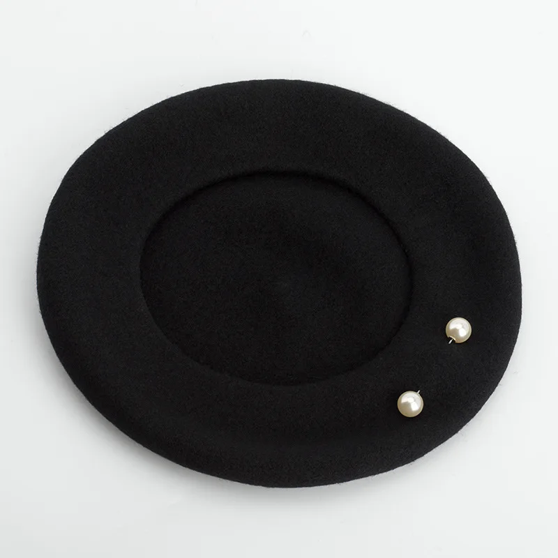 

100% Wool Beret Women Winter Hat Boina Feminina Black Soft Warm Beret Cap Flat Simulated Pearl Beads Painter Hat Female New