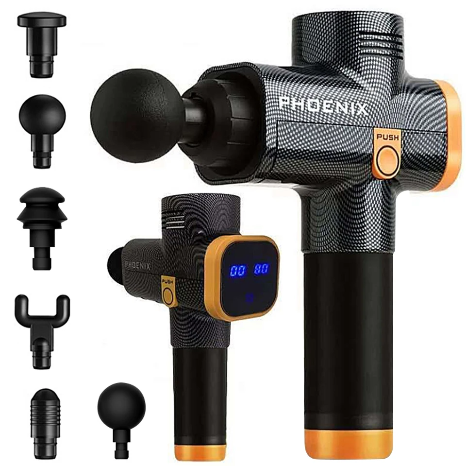 Массажный пистолет Phoenix a2 с 6 головками и ЖК дисплеем стимулятор мышц 20 скоростей