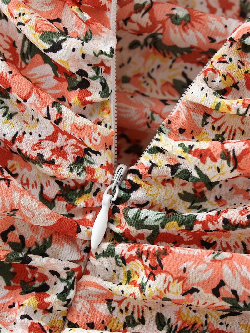 

Splend Moda 2021 Summer Vintage Prairie Chic Folds Floral Print Ruffled Lace-Up Spaghetti Strap Women Dress Mini Vestido Zipper