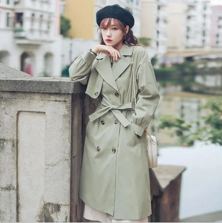 Mid-length windbreaker women's trench coats casaco masculino green spring autumn 2021 new Korean loose wild waist thin