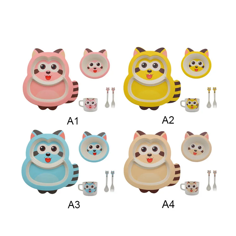 

5pc Raccoon Shape Cartoon Feeding Dishes Tableware Dinnerware For Children