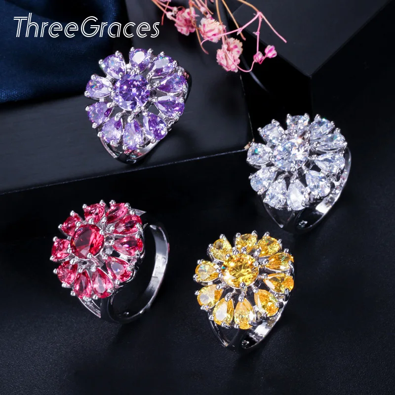 Женские кольца ThreeGraces 4 цвета с большим цветком солнца белые красные фиолетовые