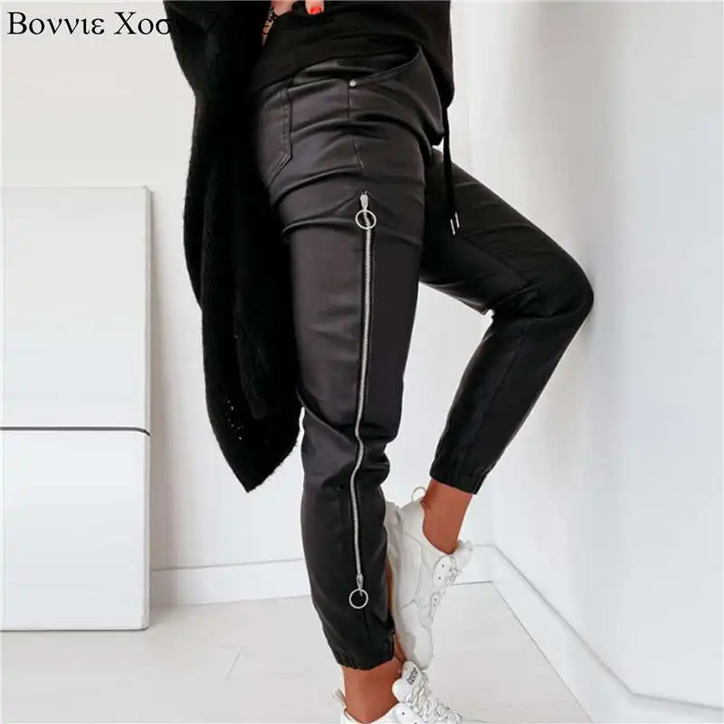 Women Autumn Zipper Design Drawstring Ruched PU Pants Long Pants