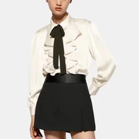 za 2021 autumn woemn fashion commute single breasted bow knot embellished silk satin texture chest pleated shirt chic top bb4366