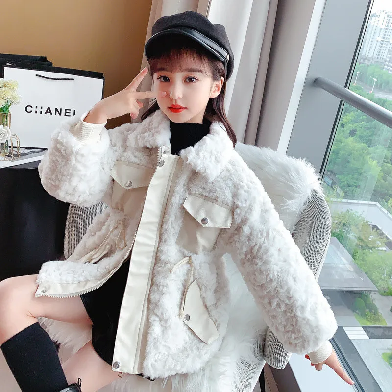 

New Spring Winter Girl Coat Rabbit Fur Jackets Warm Clothing Kids Teenage Children Tops Plus Cashmere Thicken 2021 High Quality
