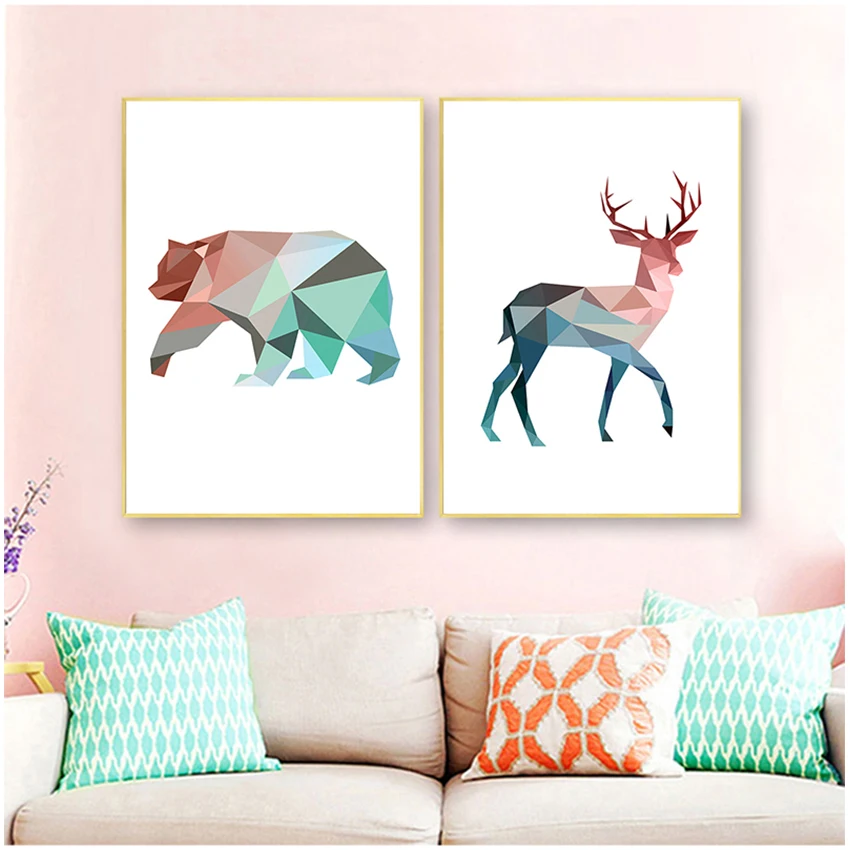 

Wall Art Canvas Paintings Deer Beer Crane Pictures Living Room Home Decor Pink and Blue Geometric Animals Posters Nordic