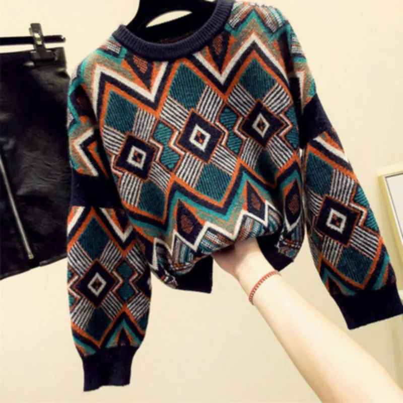 korobov autumn winter new arrival women sweaters long sleeve plaid o-Neck pullovers OL 79074 | Женская одежда
