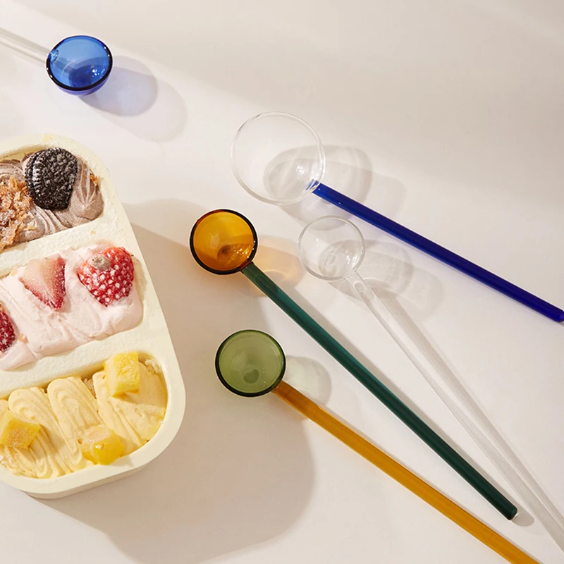 Бытовая красочная стеклянная ложка с длинной ручкой для сока прозрачная