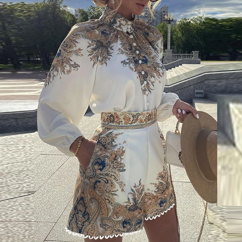 

Elegant Women Printed Two Piece Set Sexy Stand-Up Collar Long Sleeve Button Shirt +Fashion Pocket Shorts Bohemian Women Suit