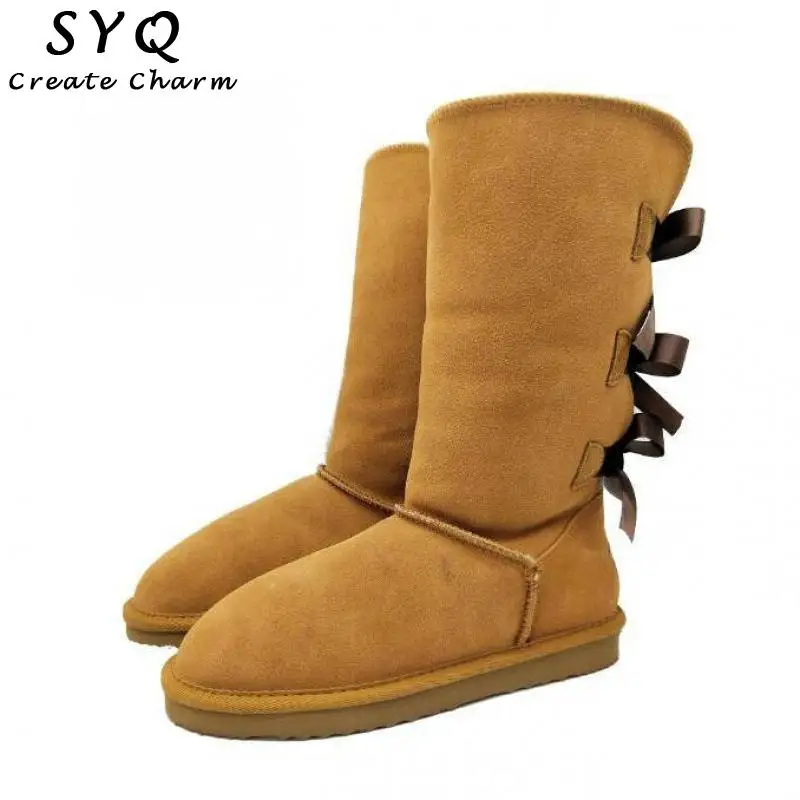 

Hot Australian Style Women Snow Boots 3-bow Back Winter Genuine Cowhide Leather Warm Boots Shoes Big Size 3-14 Free Shipping