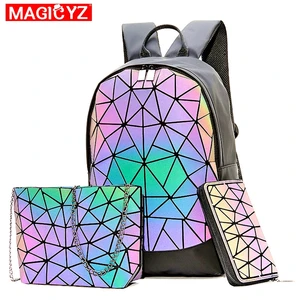 Большой комплект, рюкзак для женщин, Геометрическая светящаяся сумка на плечо для девочек-подростков, школьный рюкзак для женщин, универсальная дорожная сумка, Sac A Dos