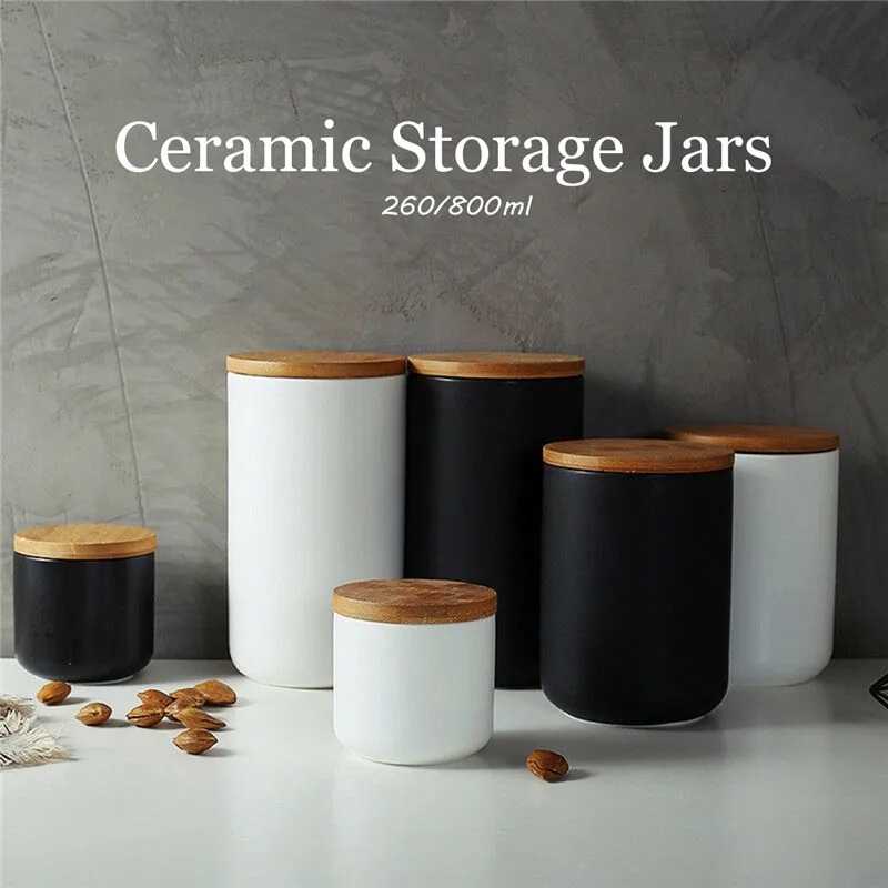 

1pc 260ML 800ML Ceramic Storage Jars Wooden Lids Tea Coffee Sugar Canisters Kitchen Supplies Container Tea Pot Grain Organizer