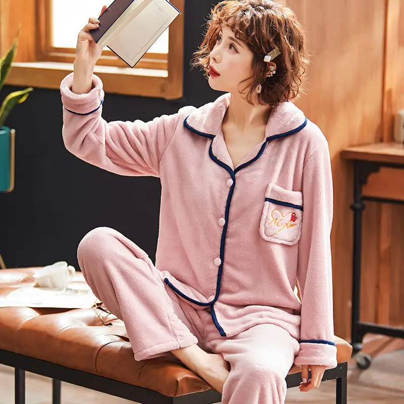 Women Pajama Sets Winter Warm Coral Fleece Women Pajamas Set For Women Flannel Thick Pyjamas Long Homewear Sleep Lounge