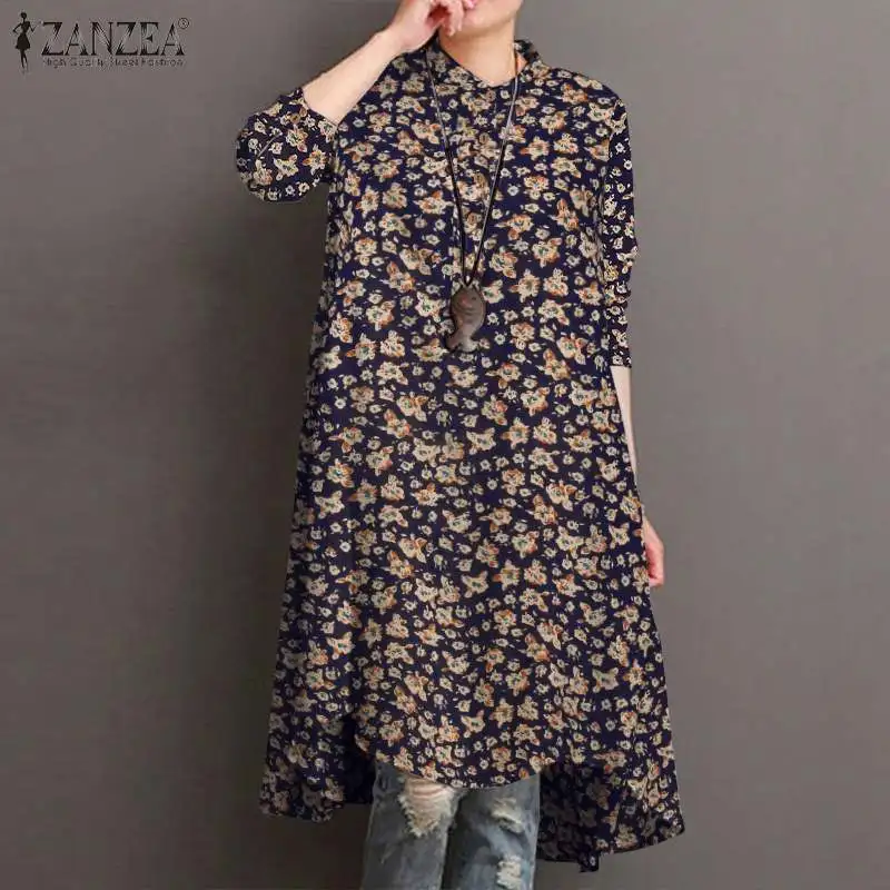 

Vintage Floral Printed Blouse ZANZEA Plus Size Women Spring Long Sleeve Loose Long Shirt Casual Buttons Cotton Linen Tops Blusas