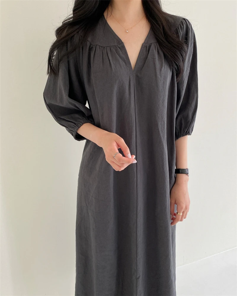 

Elegant Temperament Peach Heart Collar Cotton Linen Dress Women Chic Korean Puff Sleeve Loose Dress Spring Summer Midi Dresses