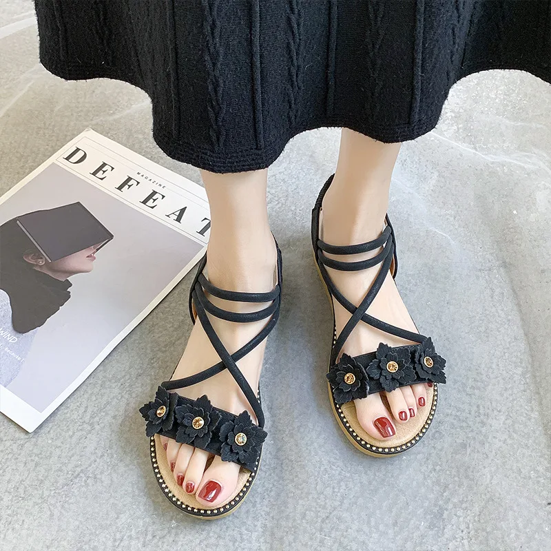 

Sandals Straps Female Shoe 2021 Women's All-Match Clear Heels Girls New Elastic Band Fashion Summer Low Comfort Flat